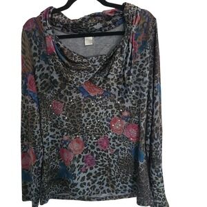 Alberto Makali XL Leopard Floral Rhinestone Cowl Neck Long Sleeve Top Multicolor